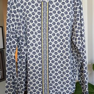 Lands' End Navy and White Leaf Pattern Long Sleeve Shirt